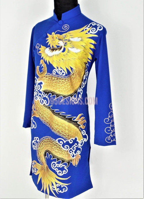 Blue Ao Dai Men -  Áo Dài Xanh Nam Vẽ Rồng Vải Co Giản Nhẹ
