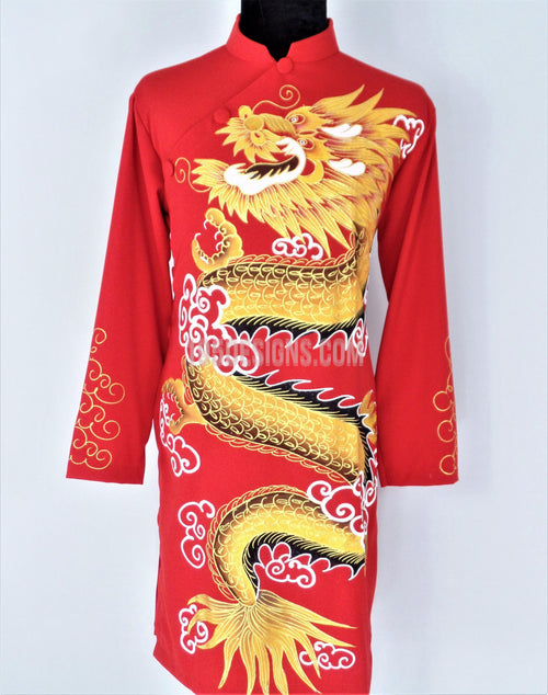 Red Ao Dai Men -  Áo Dài Đỏ Nam Vẽ Rồng Vải Co Giản Nhẹ