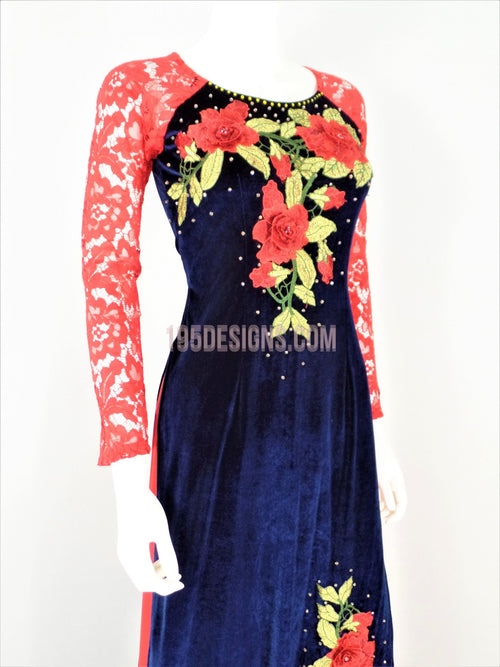 Áo Dài Nhung Xanh Đen Kết Cườm Hoa Đỏ - Vietnamese Ao Dai