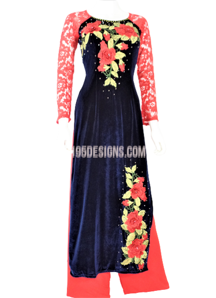 Áo Dài Nhung Xanh Đen Kết Cườm Hoa Đỏ - Vietnamese Ao Dai