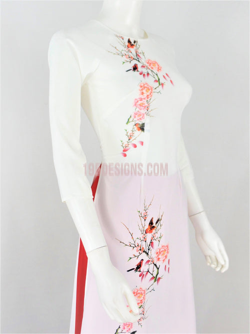 Áo Dài Lụa Giản Trắng Chim Công | White Ao Dai Vietnamese