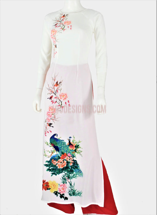 Áo Dài Lụa Giản Trắng Chim Công | White Ao Dai Vietnamese