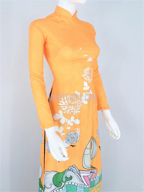Áo Dài Gấm Cam Họa Tiết | Ao Dai Vietnamese