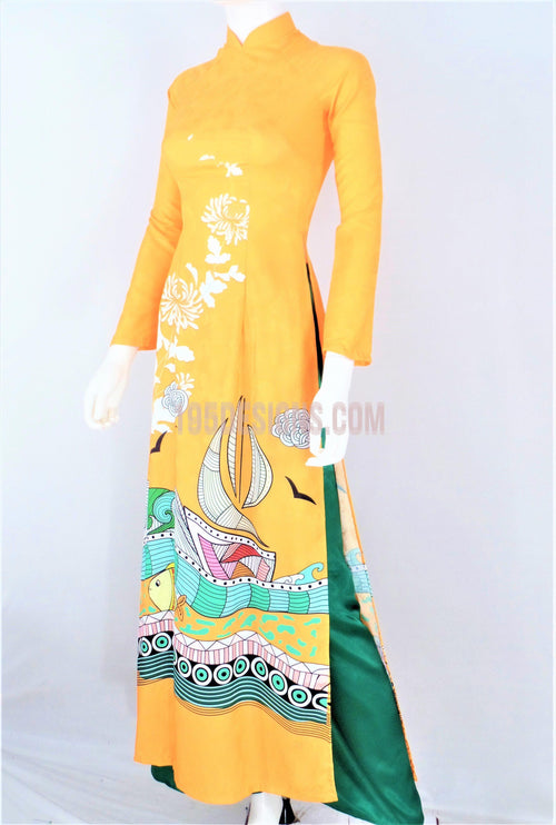 Áo Dài Gấm Cam Họa Tiết | Ao Dai Vietnamese