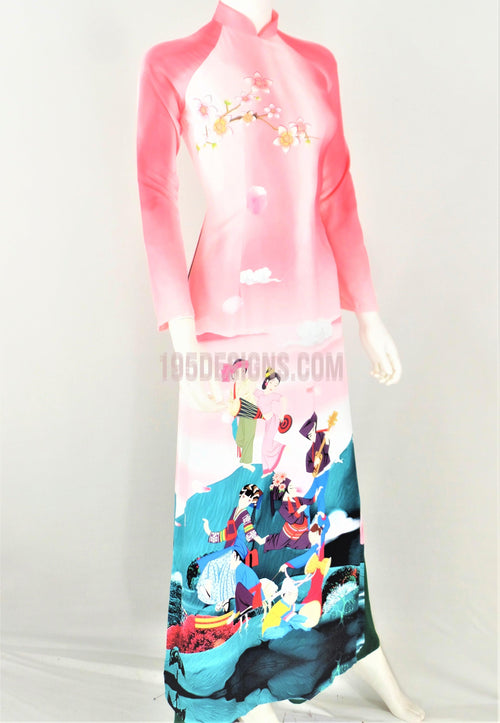 Áo Dài Lụa Giản Hồng Cảnh Xuân | Pink Ao Dai Vietnamese