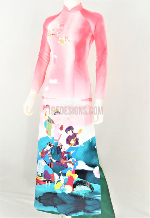 Áo Dài Lụa Giản Hồng Cảnh Xuân | Pink Ao Dai Vietnamese