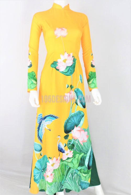 Áo Dài Gấm Vàng Hoa Sen  | Yellow Ao Dai Vietnamese