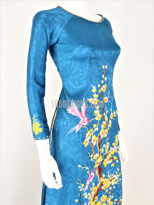 Áo Dài Gấm Thêu Hoa | Blue Ao Dai Vietnamese