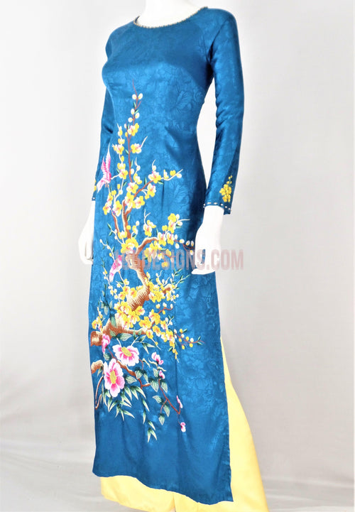 Áo Dài Gấm Thêu Hoa | Blue Ao Dai Vietnamese