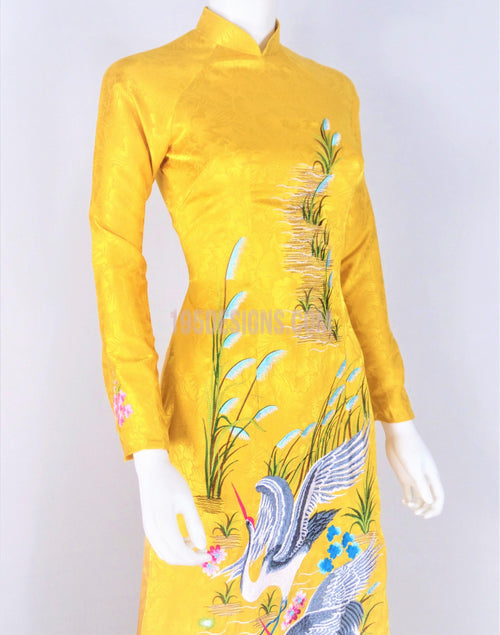 Áo Dài Gấm Vàng Thêu Hoa | Yellow Ao Dai Vietnamese