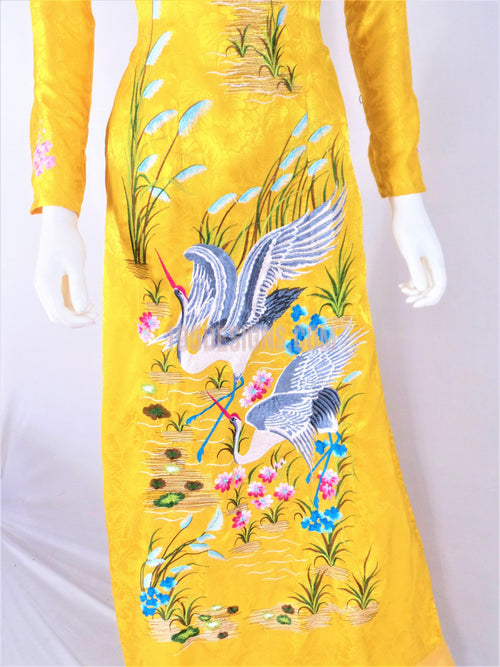Áo Dài Gấm Vàng Thêu Hoa | Yellow Ao Dai Vietnamese