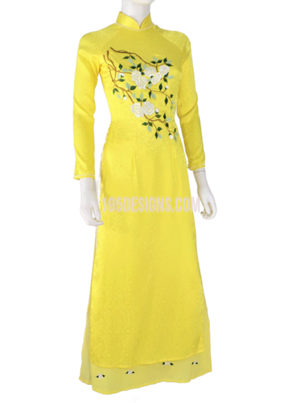 Áo Dài Gấm Vàng Thêu Hoa | Yellow Ao Dai Vietnamese