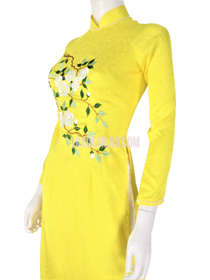 Áo Dài Gấm Vàng Thêu Hoa | Yellow Ao Dai Vietnamese