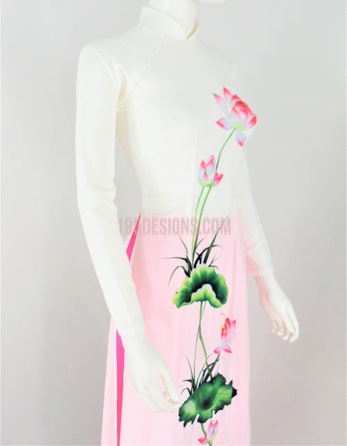 Áo Dài Lụa Giản Trắng Hoa Sen | White Ao Dai Vietnamese