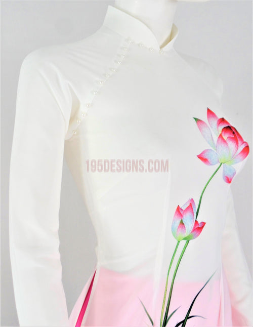 Áo Dài Lụa Giản Trắng Hoa Sen | White Ao Dai Vietnamese