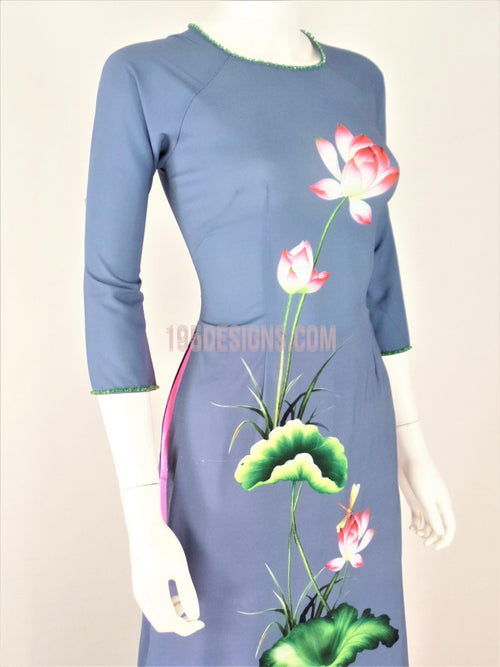 Áo Dài Lụa Giản Xám Hoa Sen | Gray Ao Dai Vietnamese