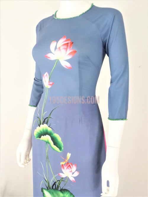 Áo Dài Lụa Giản Xám Hoa Sen | Gray Ao Dai Vietnamese