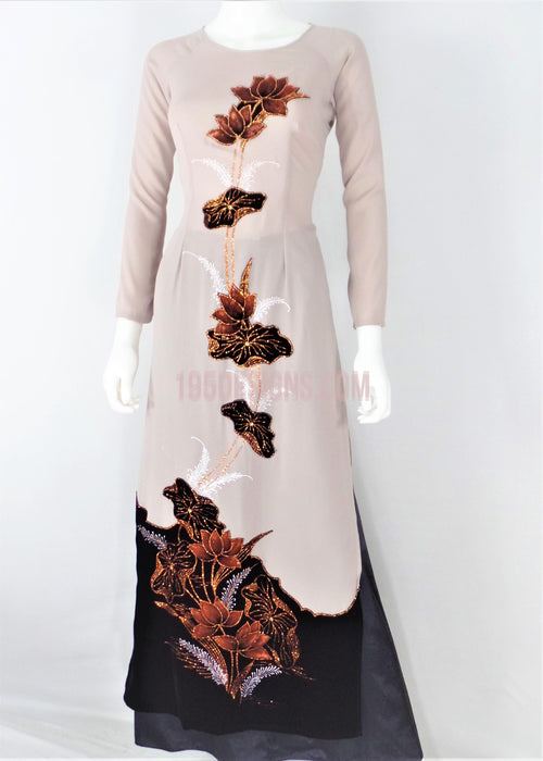 Áo Dài Nâu Nhạt Nhung Pha Hoa Sen  - Vietnamese Ao Dai