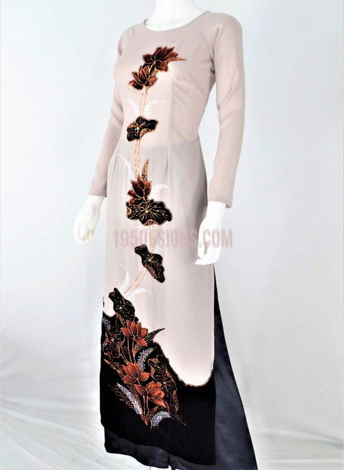 Áo Dài Nâu Nhạt Nhung Pha Hoa Sen  - Vietnamese Ao Dai