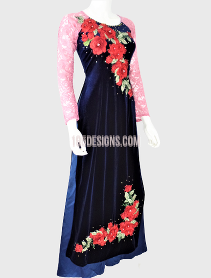 Áo Dài Nhung Xanh Đen Kết Cườm Tay Ren Hồng  - Vietnamese Ao Dai
