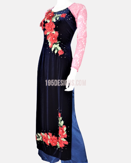 Áo Dài Nhung Xanh Đen Kết Cườm Tay Ren Hồng  - Vietnamese Ao Dai