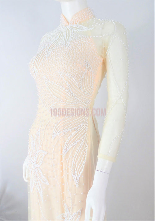 Crystal Vietnamese Long Dress / Áo Dài Màu Kem Đính Đá Cườm