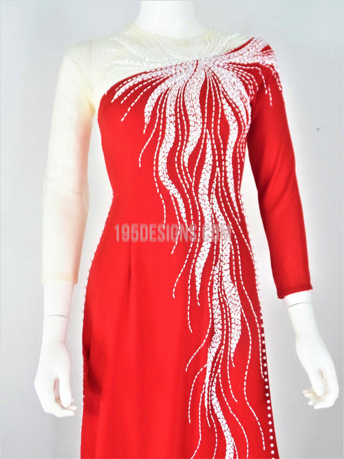 Red Vietnamese Long Dress /  Áo Dài Lụa Đỏ Kết Cườm Tay Hai Màu