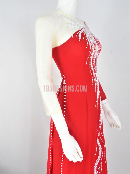 Red Vietnamese Long Dress /  Áo Dài Lụa Đỏ Kết Cườm Tay Hai Màu