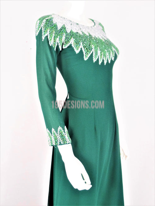 Green Crystal Vietnamese Long Dress / Áo Dài Xanh Đính Đá Cườm
