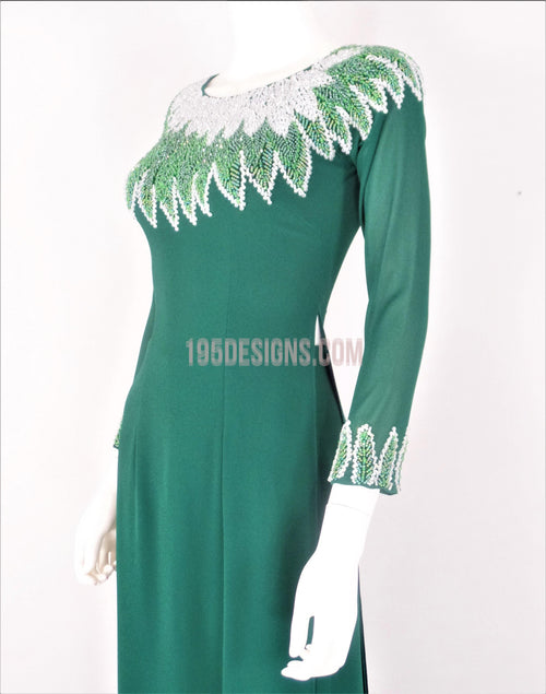 Green Crystal Vietnamese Long Dress / Áo Dài Xanh Đính Đá Cườm