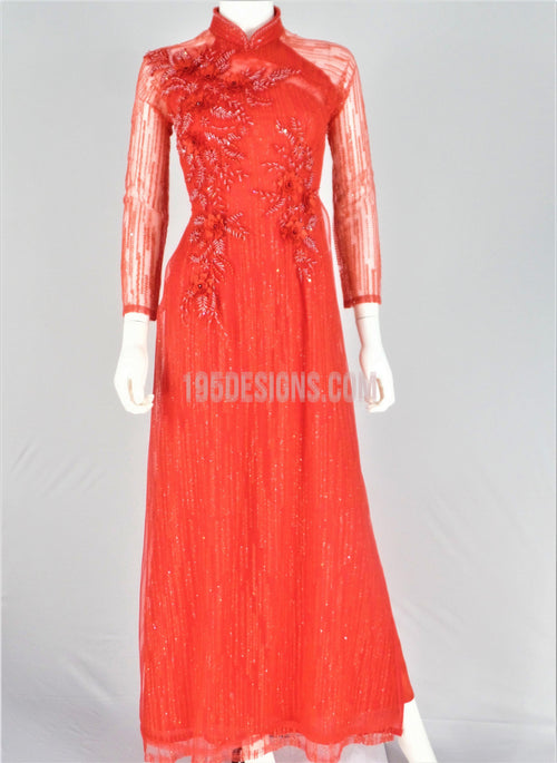 Red  Vietnamese Long Dress / Áo Dài Kim Tuyến Đỏ Kết Cườm