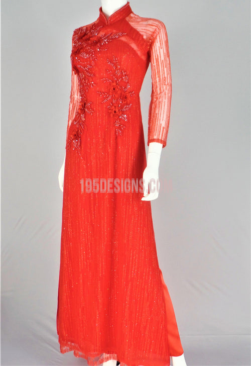 Red  Vietnamese Long Dress / Áo Dài Kim Tuyến Đỏ Kết Cườm