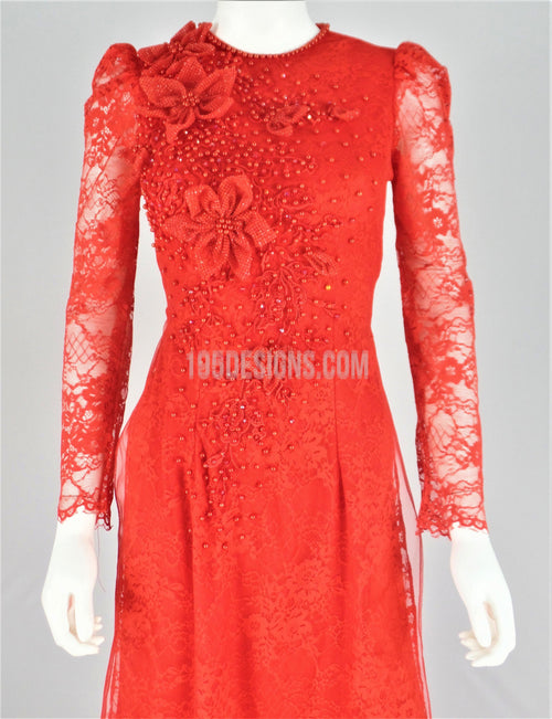 Red Vietnamese Long Dress /  Áo Dài Ren Đỏ Kết Hoa 3D