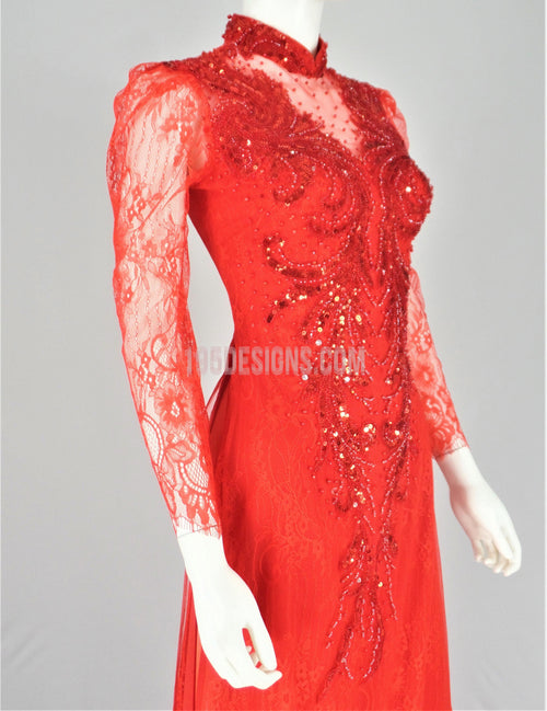 Red Vietnamese Long Dress /  Áo Dài Ren Đỏ Kết Cườm