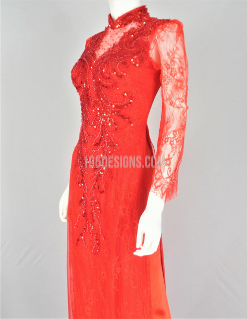 Red Vietnamese Long Dress /  Áo Dài Ren Đỏ Kết Cườm