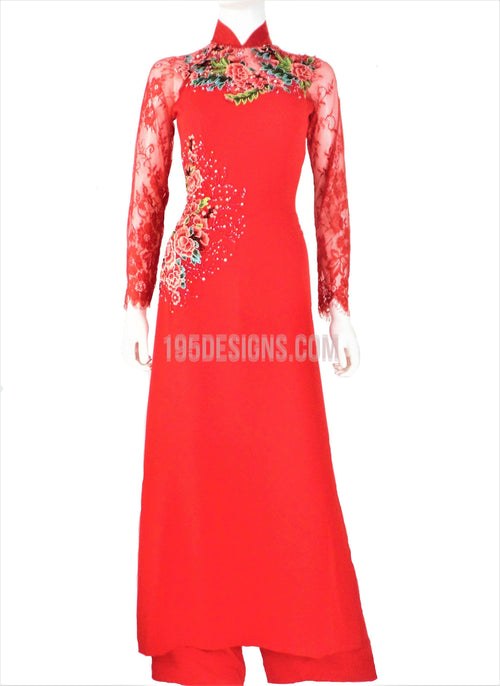 Red Vietnamese Long Dress /  Áo Dài Lụa Đỏ Tay Ren Kết Hoa