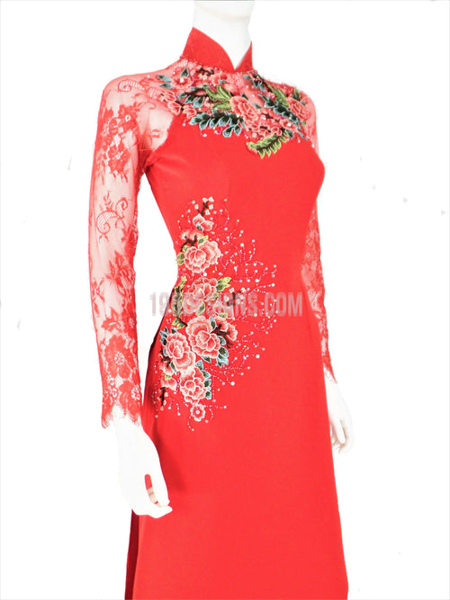 Red Vietnamese Long Dress /  Áo Dài Lụa Đỏ Tay Ren Kết Hoa