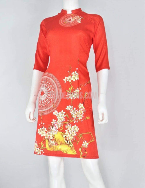 Áo Dài Đỏ Cách Tân Trống Đồng Gấm Giản