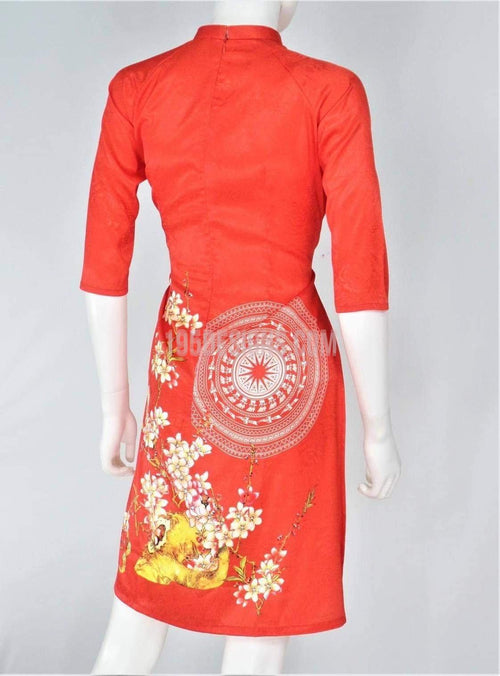 Áo Dài Đỏ Cách Tân Trống Đồng Gấm Giản