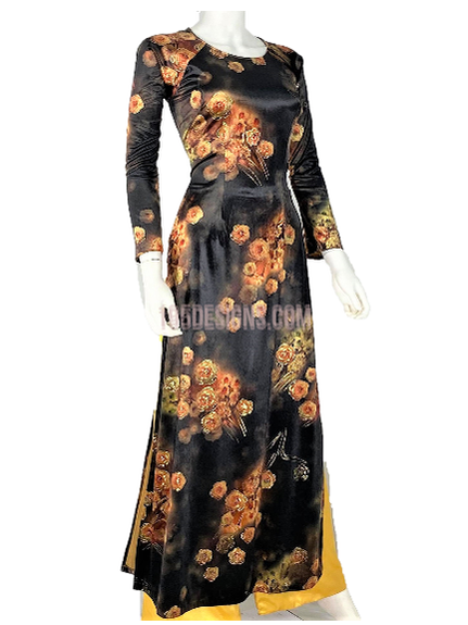 Áo Dài Nhung Hoa Cam Cổ Thuyền Tròn - Vietnamese Ao Dai